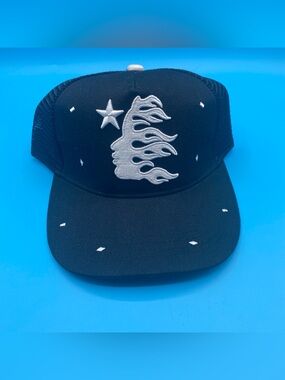 Hellstar Black Trucker Hat with White Flame & Star Embroidery